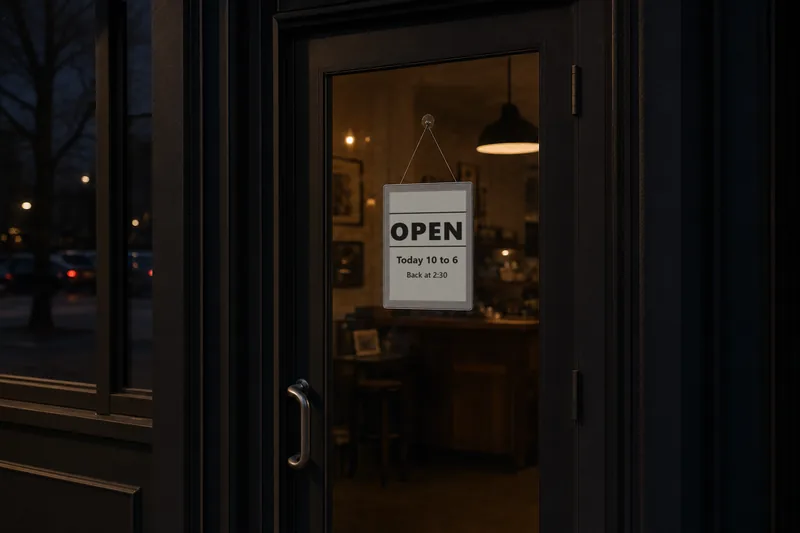 A glass shop door at dusk with a small e-ink sign inside reading OPEN, today 10 to 6, back at 2:30
