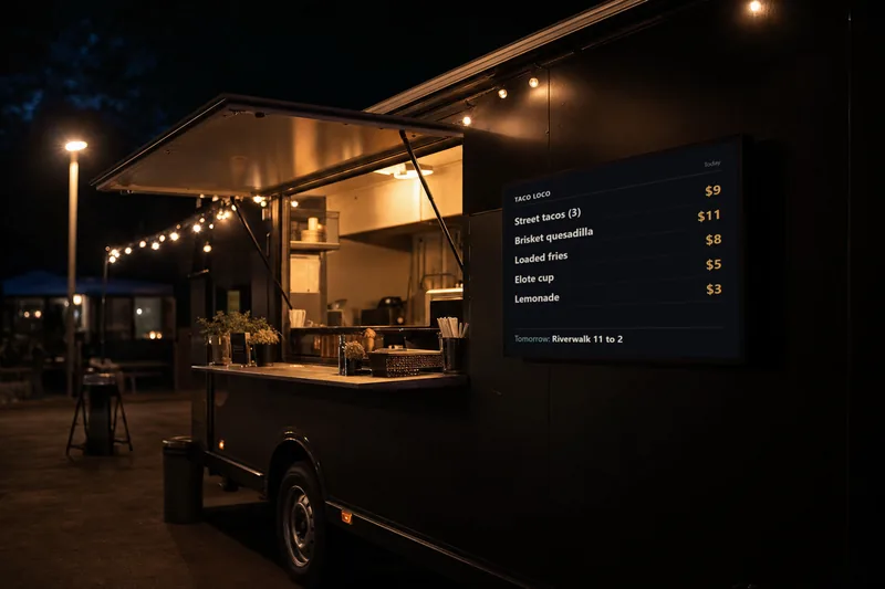 A food truck at night with a screen beside the window showing the menu and tomorrow's location